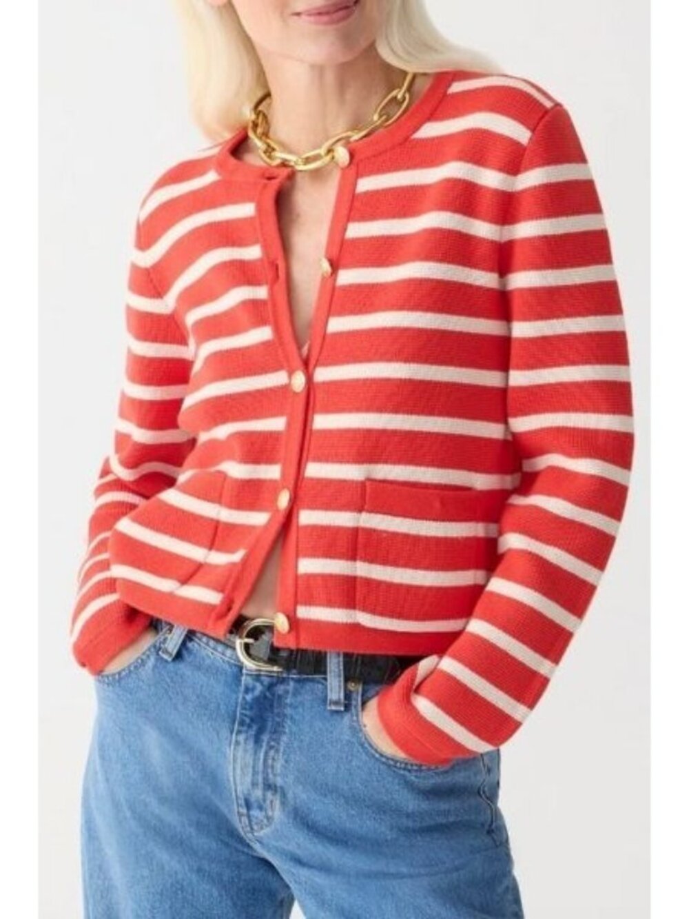 NWT J.Crew Emilie Sweater Lady Jacket in Red Ivory Stripe Knit Cardigan S